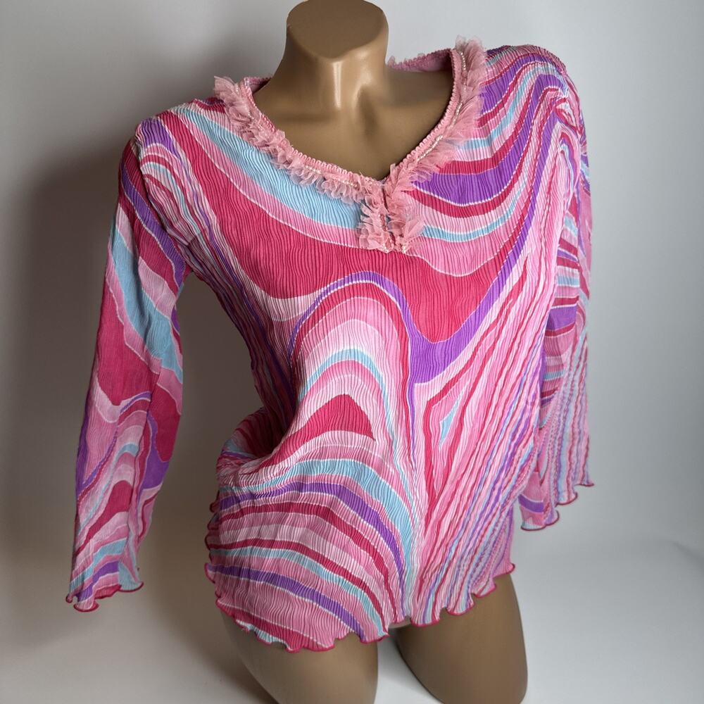 Y2K Korea Medium Pink Psychedelic Crinkle Mesh Ruffle Top Fairycore Whimsigoth